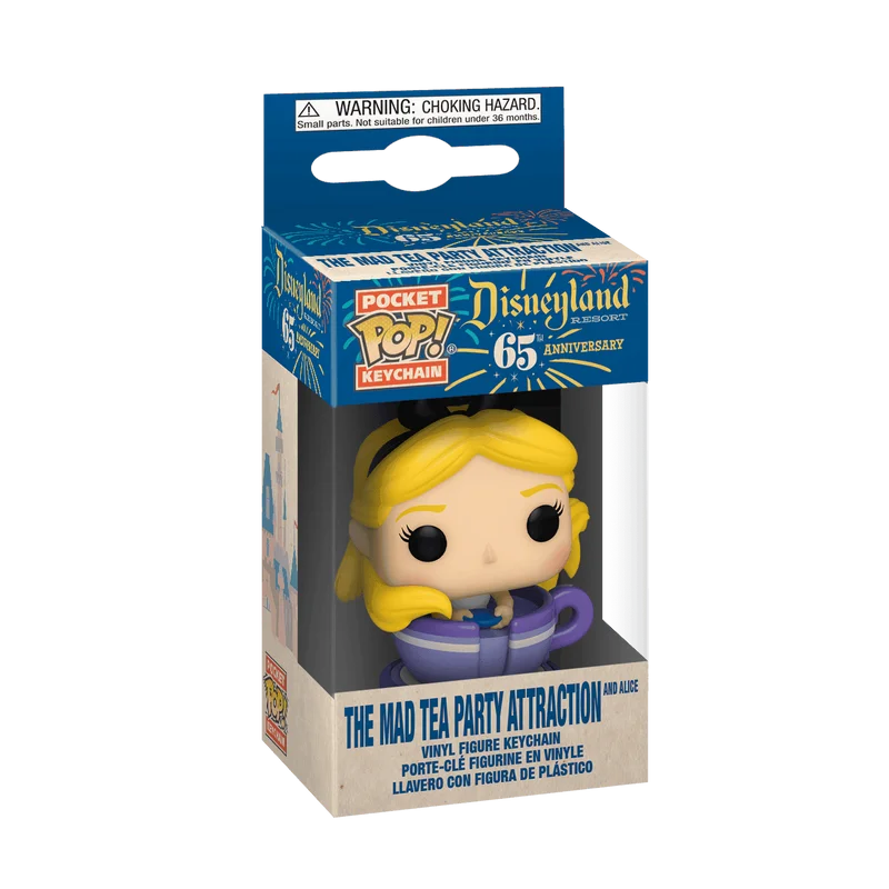 The Mad Tea Party Attraction and Alice Funko Pop from Disneyland Resort 65th Anniversary